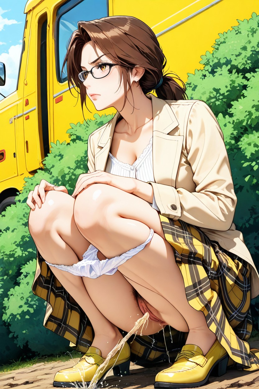 Slightly Layered, Urine Dripping Down, Topping Plaid Dress Covering Legs Hentai IA