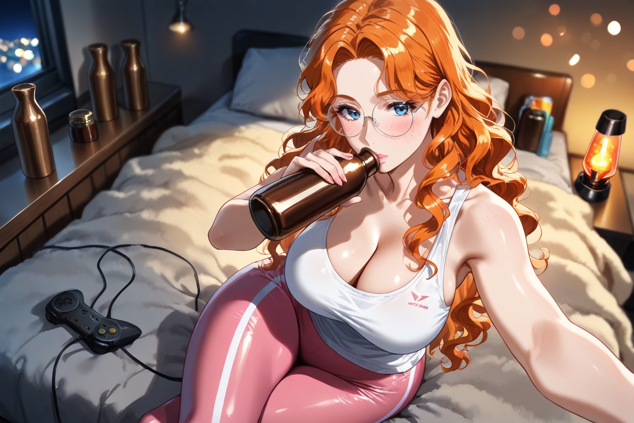 Woman Has Voluptuous Curves, Pink Sport Leggins, Retro Gaming Console In Front Of Her Hentai IA