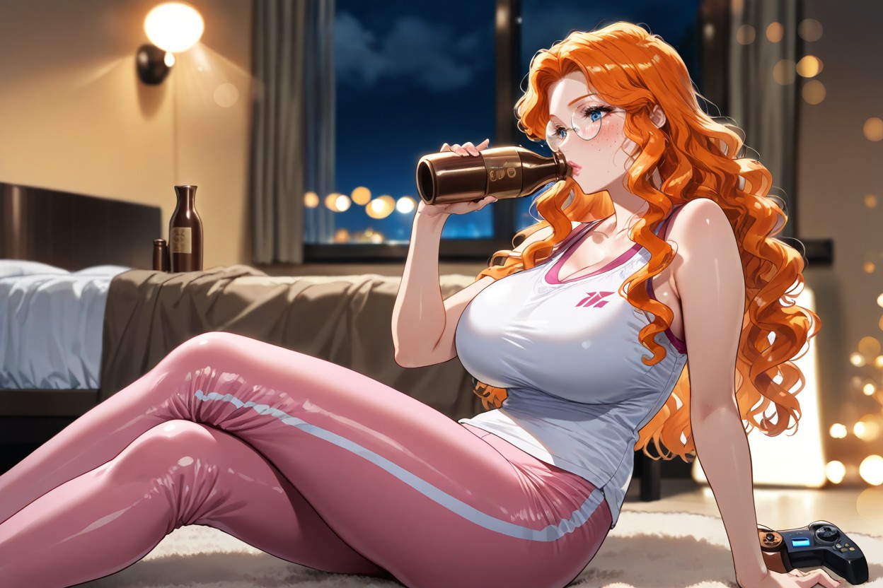 Night, Long Ginger Wavy Hair, Giant Saggy Breasts Hentai AI Porn