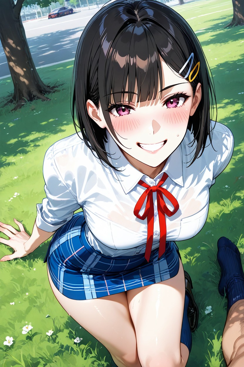 Straight Bangs, Blue Checked Skirt, Expensive White Panties Hentai IA