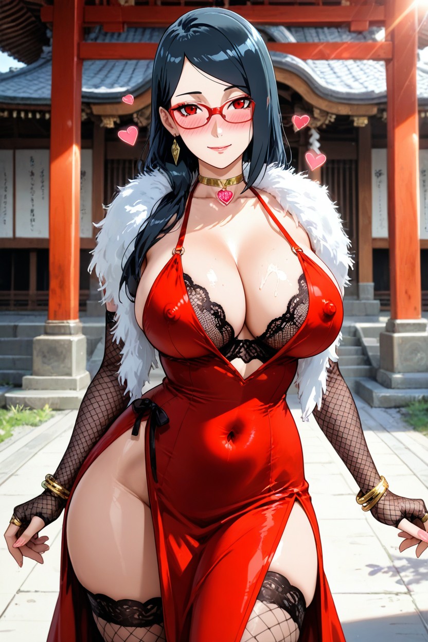 Perfect Navel, Happy Look, Long Black Fingerless Fishnet Gloves Hentai IA