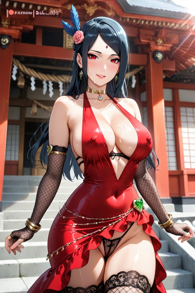 Long Black Fingerless Fishnet Gloves, Beautiful Breasts, Flamenco Dress Hentai AI Porn