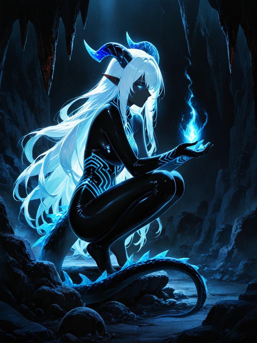 Sharp Focus, On Hands And Knees, Glowing Cyan Tribal Markings Across Her Body Hentai AI Porn