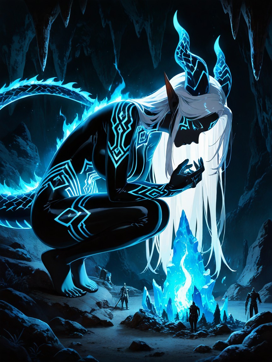 Neon Blue Highlights, On Obsidian Rocks, In Obsidian Cavern Hentai AI Porn