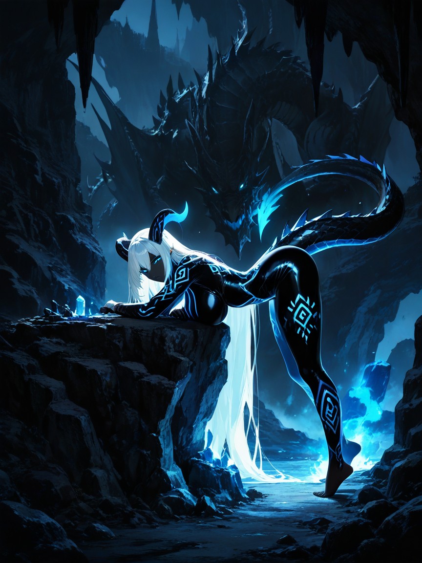 K, In Obsidian Cavern, Two Sleek Curved Horns On Her Head Hentai AI Porn