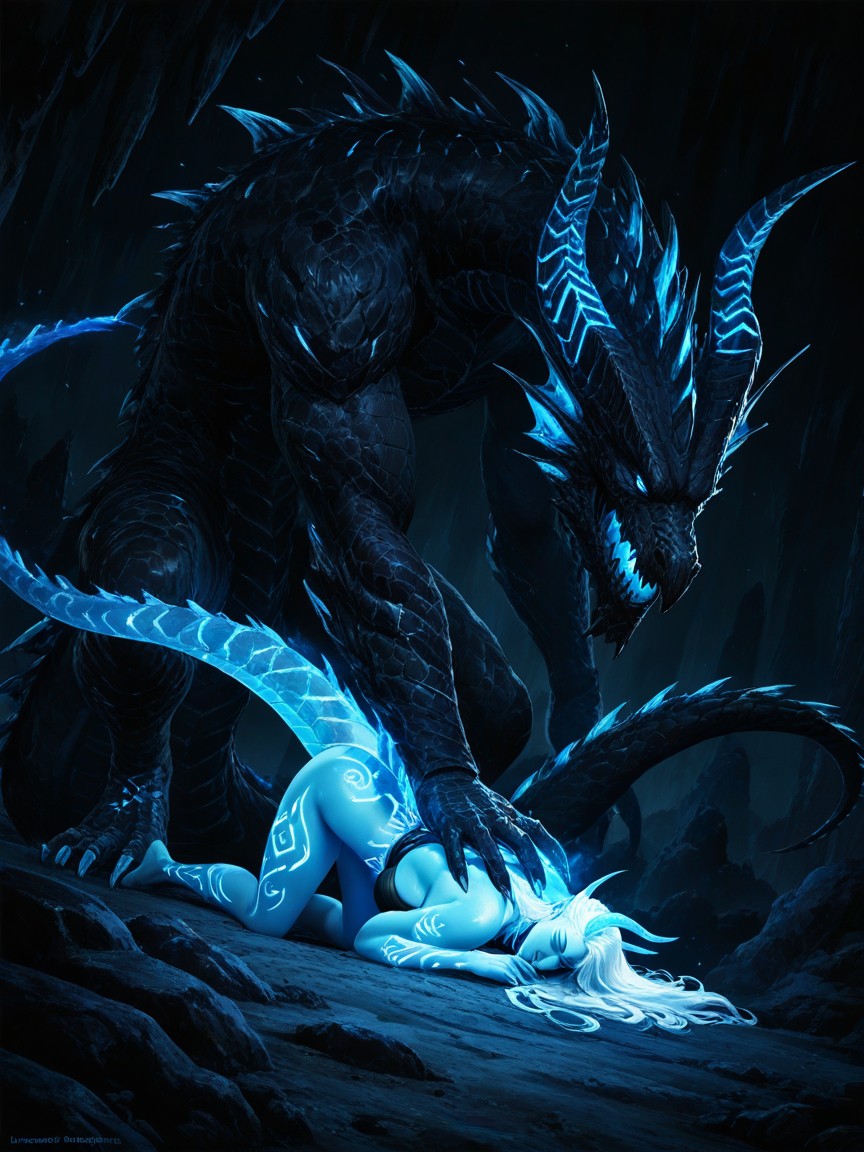 Dark Background, In Obsidian Cavern, Spelunkers Fleeing From Her Hand Hentai AI Porn
