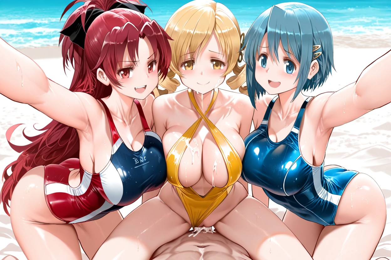 Harem Of Three, Only One Man, Red Swimsuit Hentai AI Porn