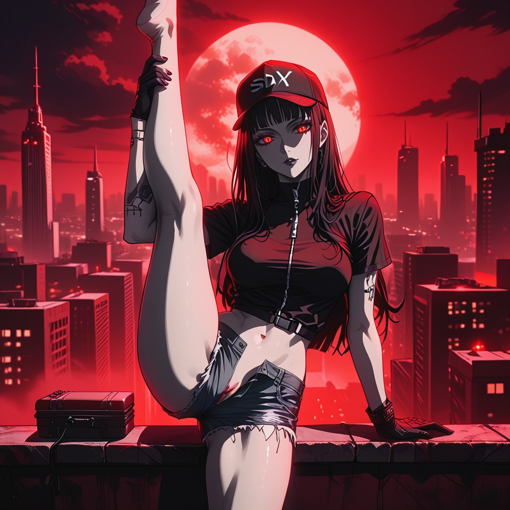Dark City Skyline Behind Her, Cigarette In Hand, Rooftop Hentai AI Porn