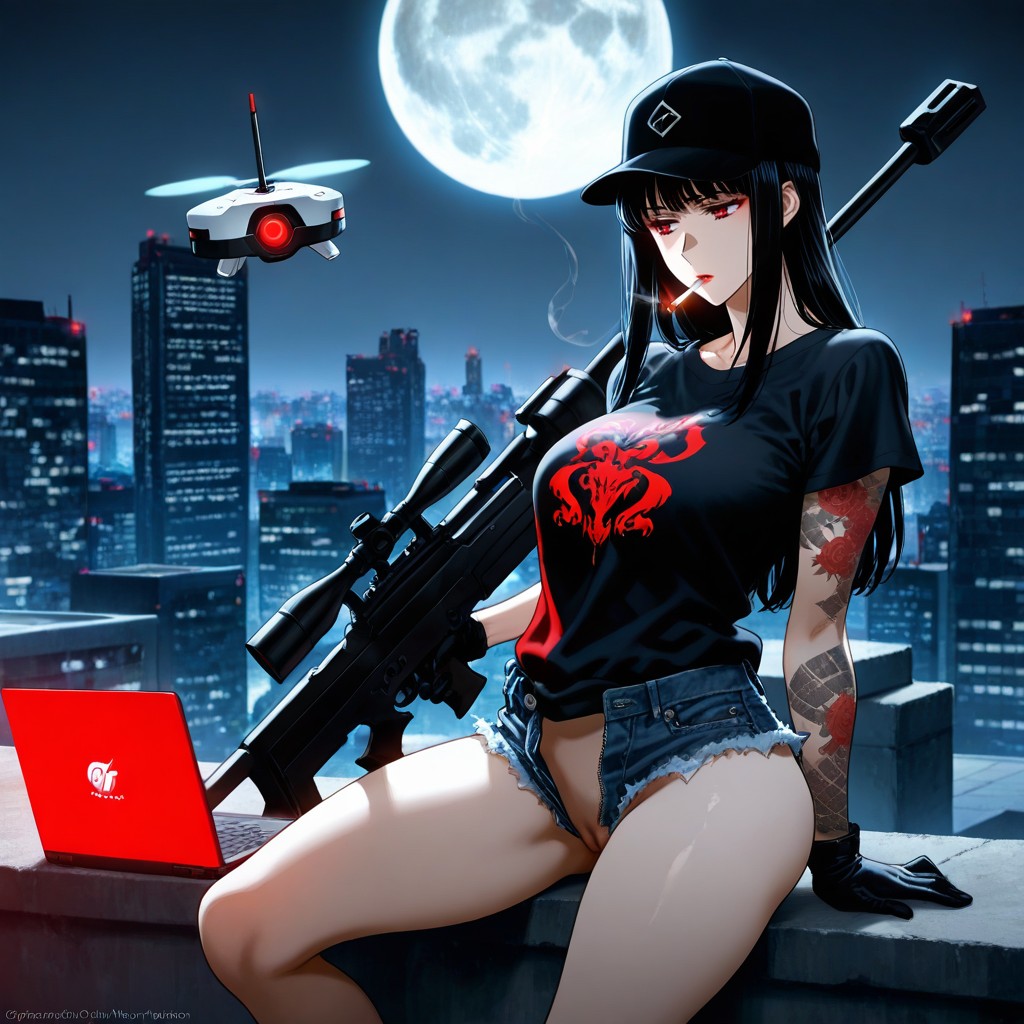 Long Black Hair With Bangs, Red Eyes, Arched Back Hentai AI Porn