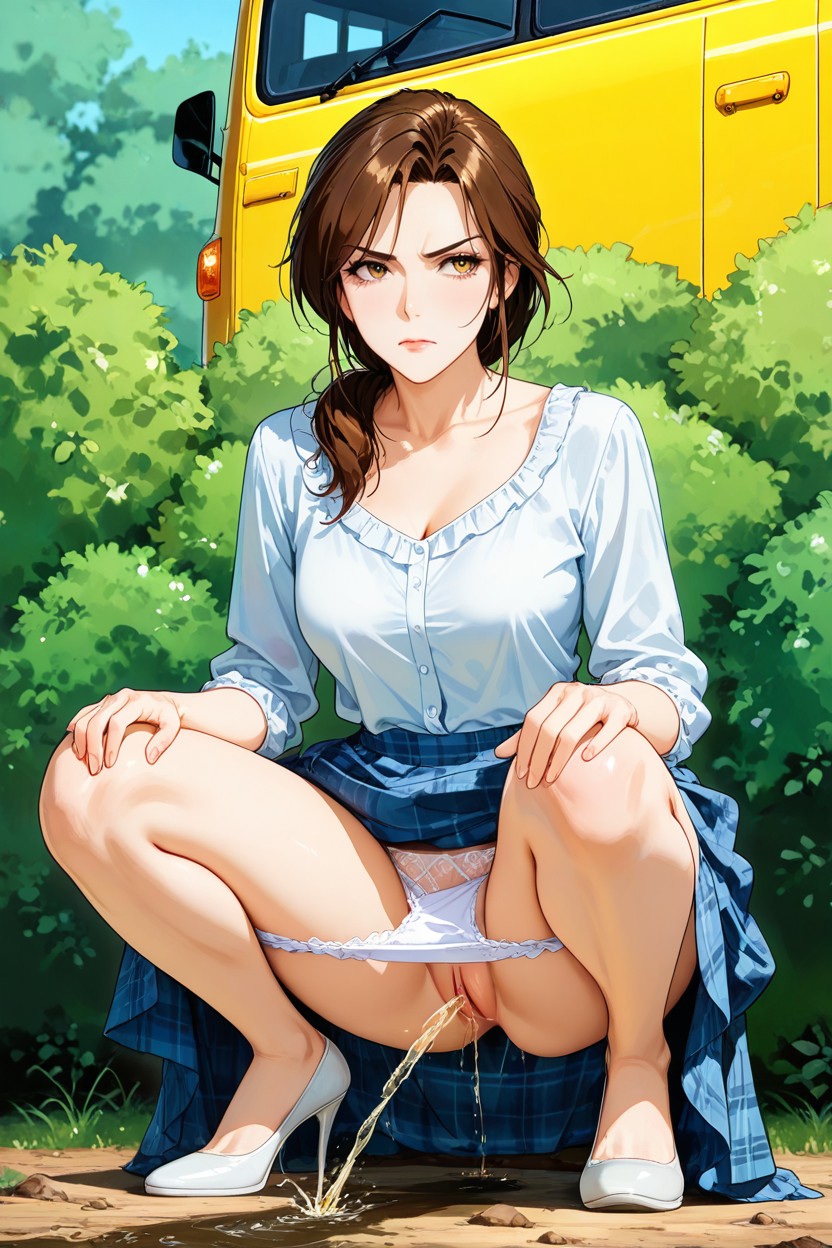 Dutch-angle View, 25+, Yellow Bus Behind Bush Hentai AI Porn