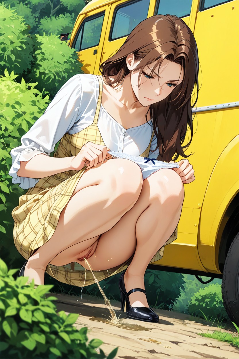 Detailed Hd Pussy, Black Plaid Blue Long Topping Dress, Hem Hangs Between Knees Hentai AI Porn