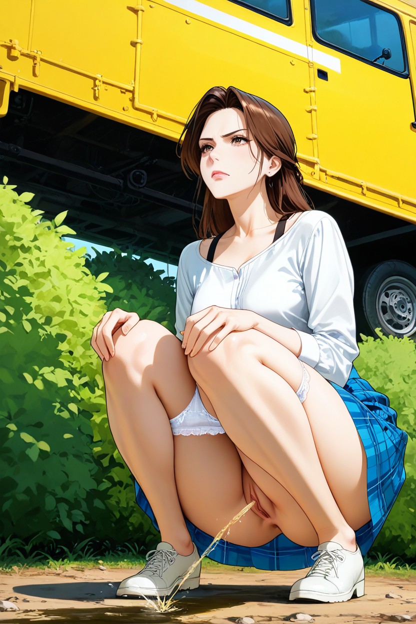 White Blouse, Inclined To Her Knees, Gets Up From A Squatting Position Hentai AI Porn