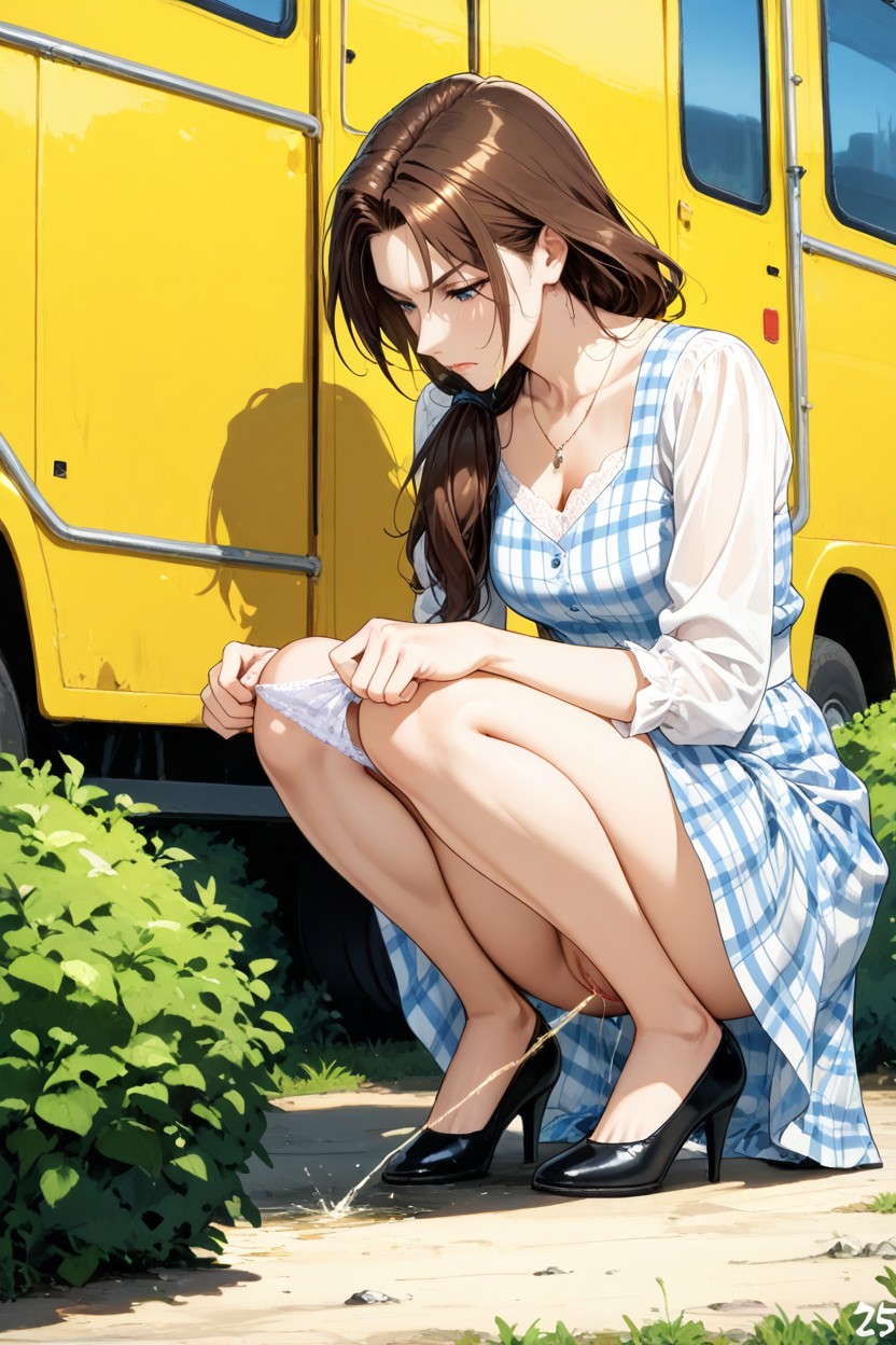 Small Breasts, Crouching Squat, Serious Face Hentai AI Porn