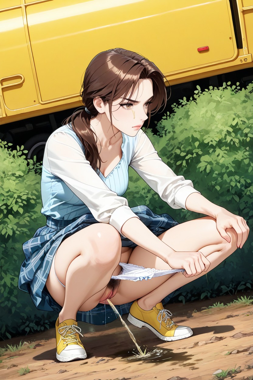 Knees Together Feet Apart, Pencil Art Style, Small Breasts Hentai AI Porn
