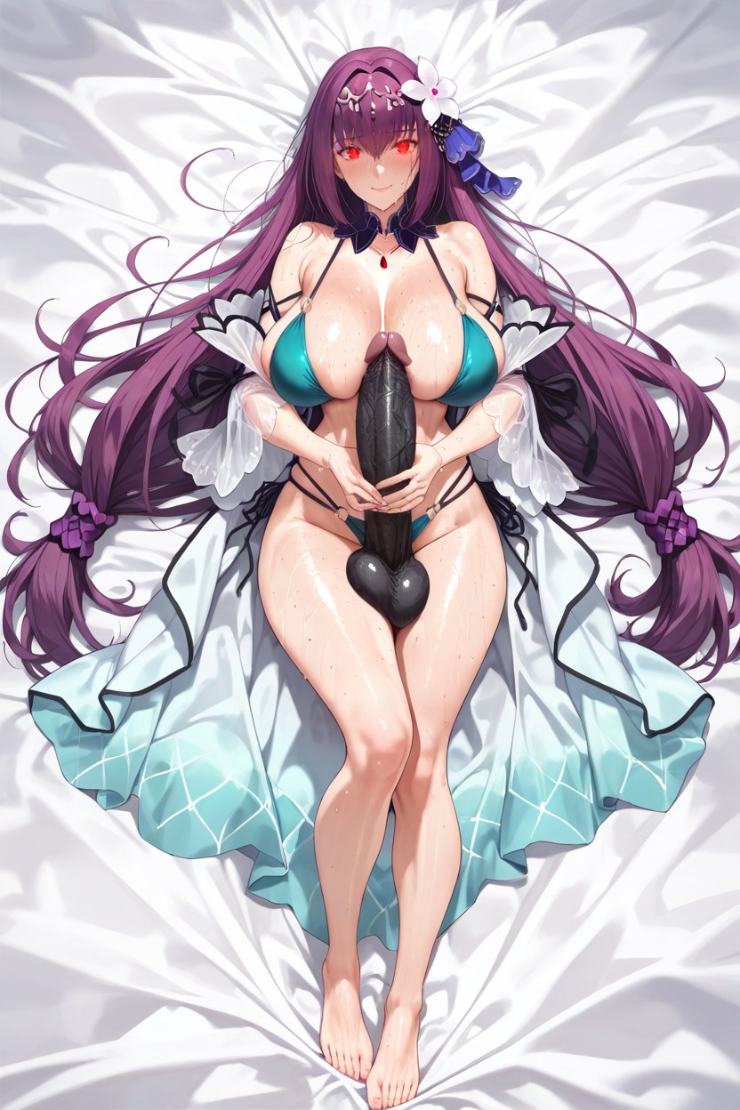 Holding Her Own Penis, Red Eyes, One Breast Exposed Hentai AI Porn
