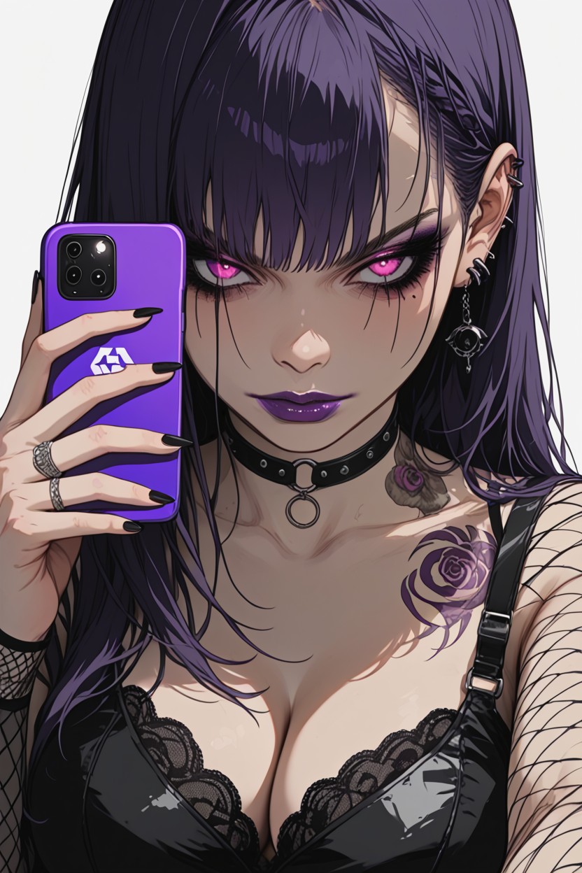 White Background, Taking A Selfie With A Purple Phone, Black Nail Polish Hentai AI Porn