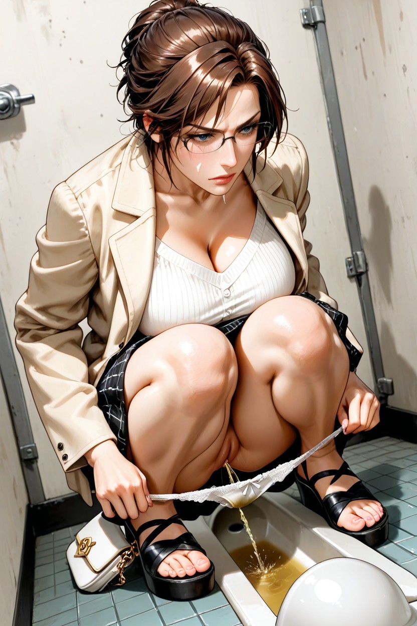 Peeing In Squat Toilet, Knees Together Feet Apart, Cute Hentai AI Porn