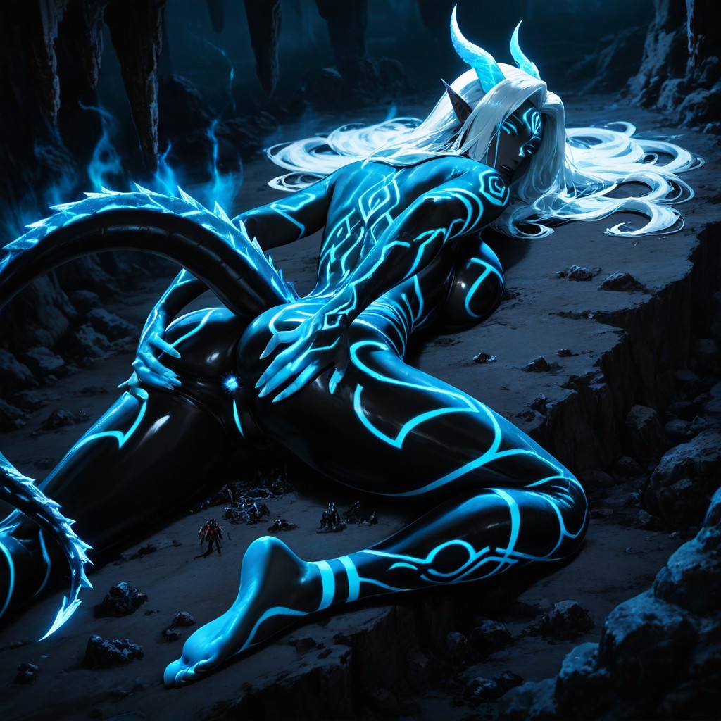 In Obsidian Cavern, Glowing Cyan Tribal Markings Across Her Body, Highly Detailed Skin Texture Hentai AI Porn