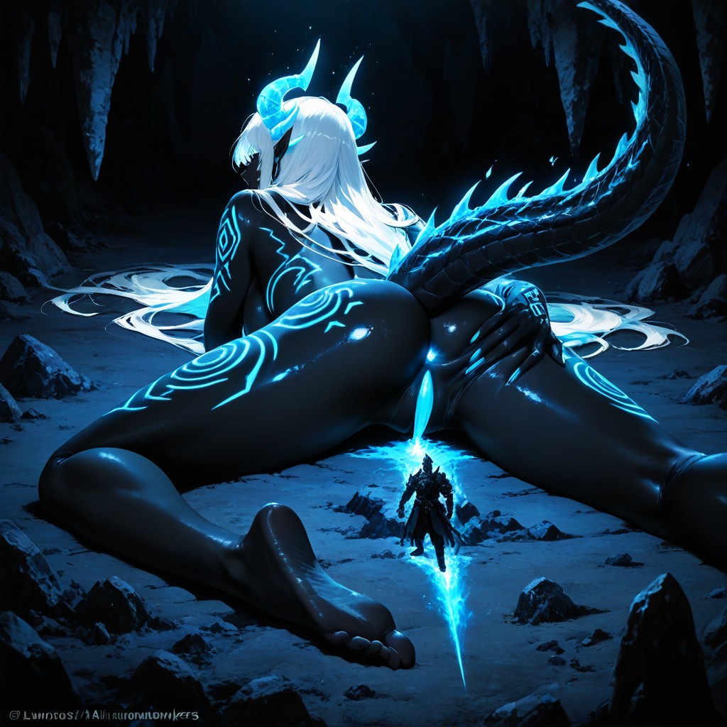 Neon Blue Highlights, Ethereal Fantasy Atmosphere, On Stalagmites Hentai AI Porn