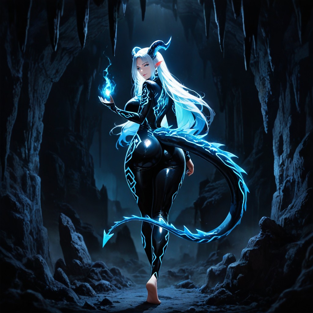 18+, Dark Fantasy Anime-style Draconic Woman With Long Flowing White Hair, Sharp Focus Hentai AI Porn