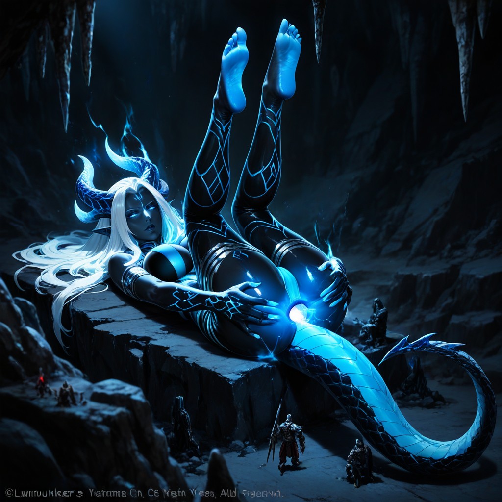 Sharp Focus, Two Sleek Curved Horns On Her Head, Hiding Around Rocks Hentai AI Porn