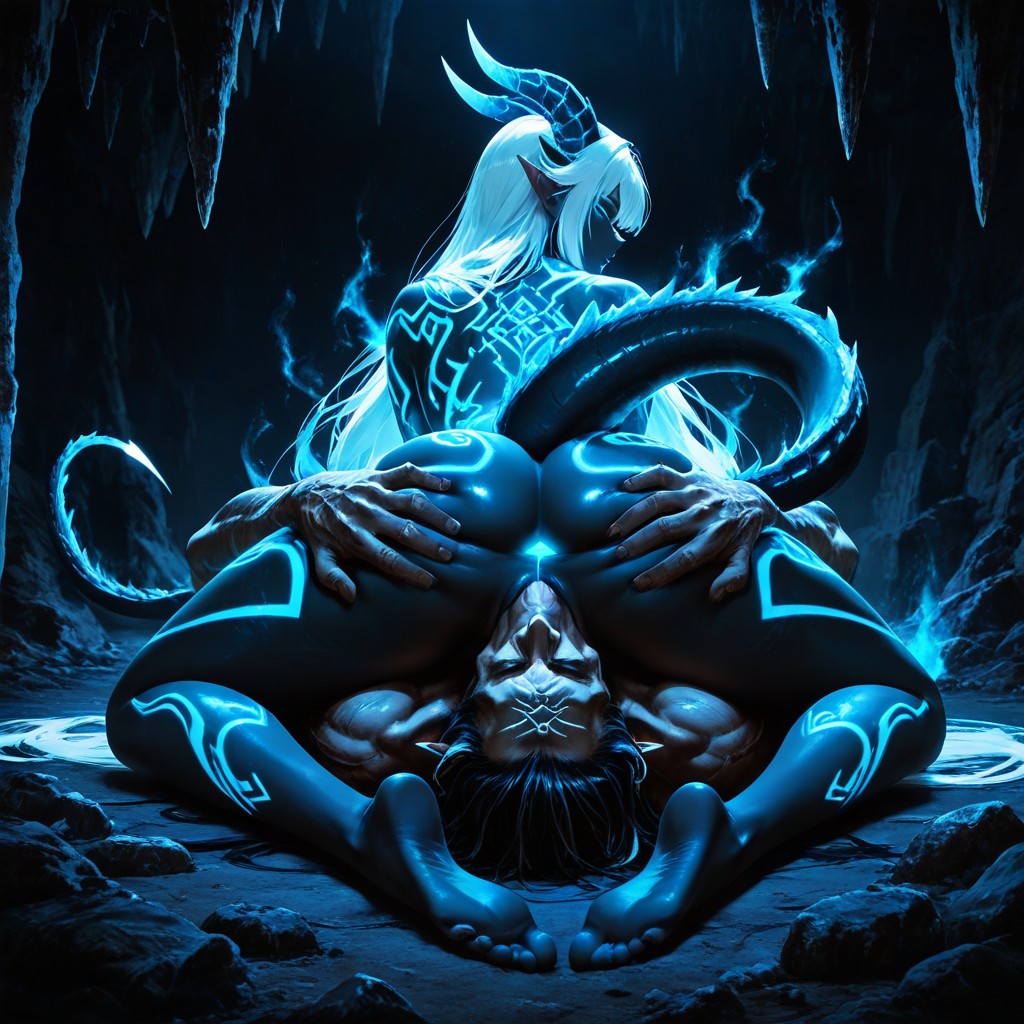 Break, Anime Illustration, Glowing Cyan Tribal Markings Across Her Body Hentai AI Porn