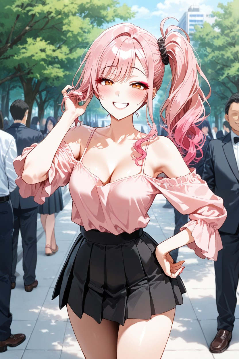 Pink Off-shoulder Tank Top With Deep Cleavage And No Bra, Raised Eyebrows, Culo Pequeño Hentai IA