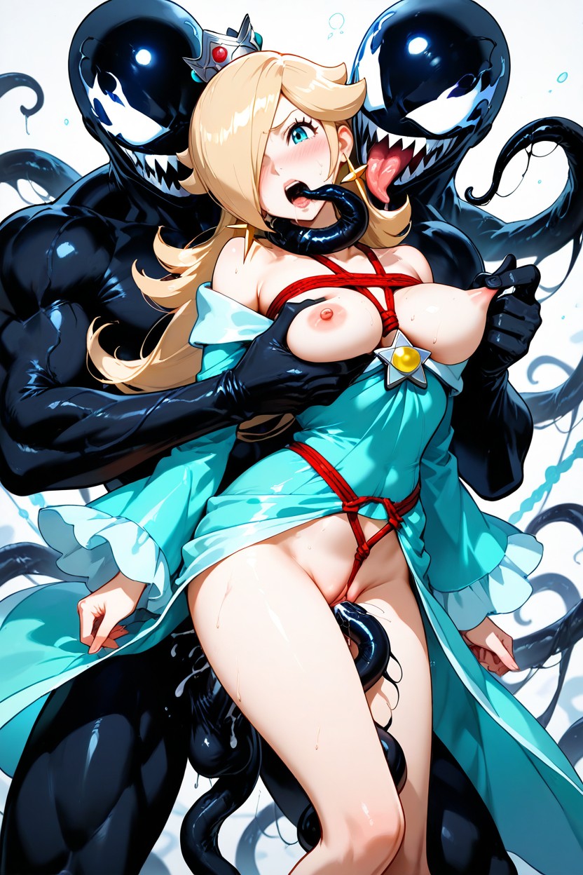 Long Pale Blonde Hair Covering One Eye, Pinching Nipples, Wütend Hentai KI Porno
