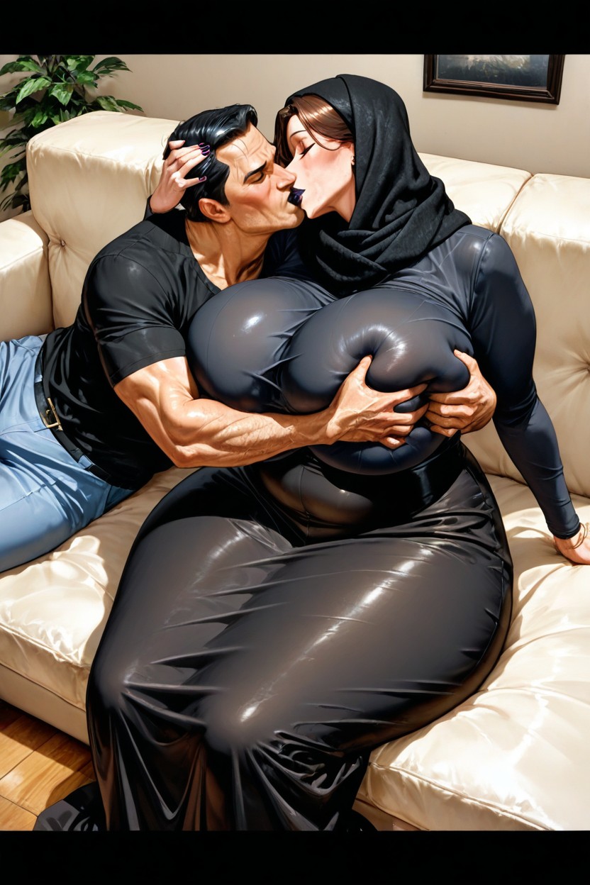 Tall Man, Woman Wearing Black Colour Bodysuit, Vogelansicht Hentai KI Porno