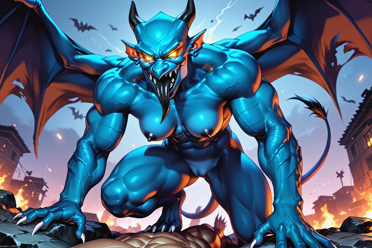 Large Black Horns, Extremely Muscular, Tongue Sticking Out Hentai AI Porn
