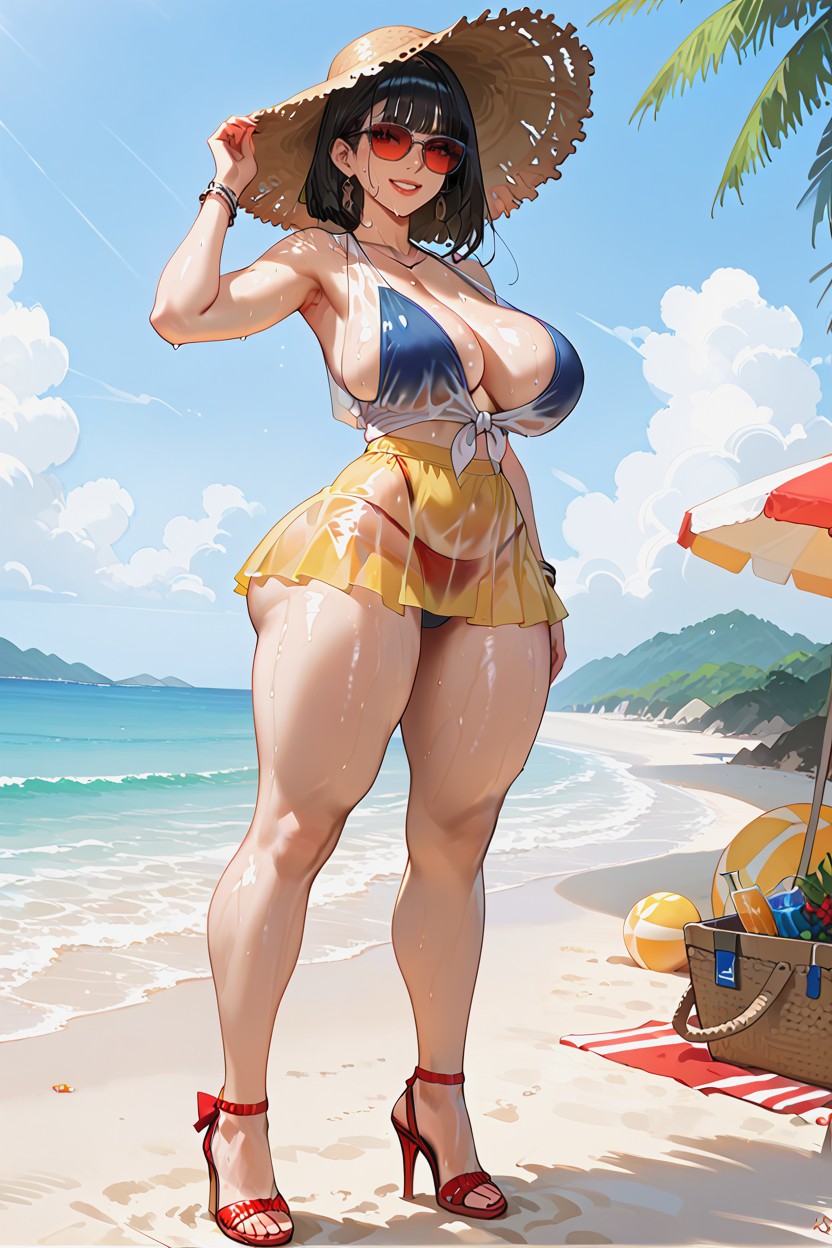Blue Bikini, Beach, Happy Hentai AI Porn