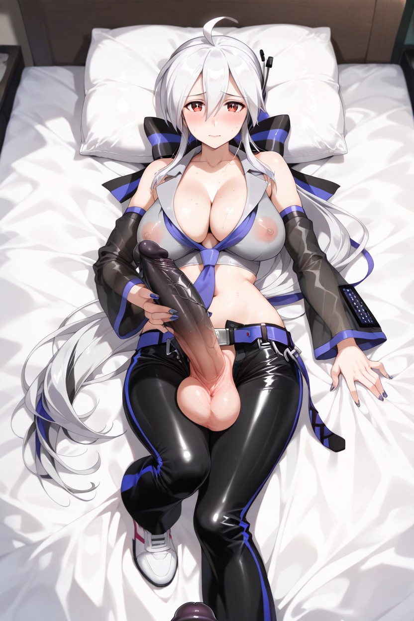 Ash Hair, Wearing A A Light Grey, Holding Her Own Penis Hentai AI Porn