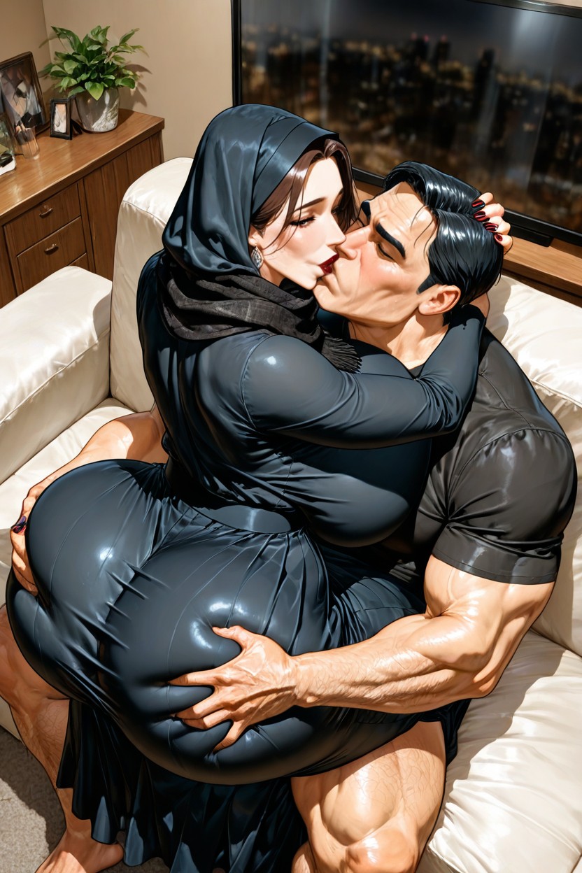 Skirt, Cover Her Head With A Black Colour Scarf, Husband Is Taller Than Wife Hentai AI Porn
