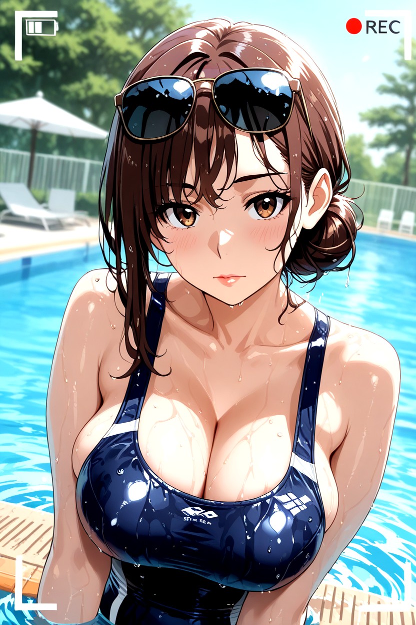 Sunglasses, Wet Swimsuit, Cleavage Hentai AI Porn