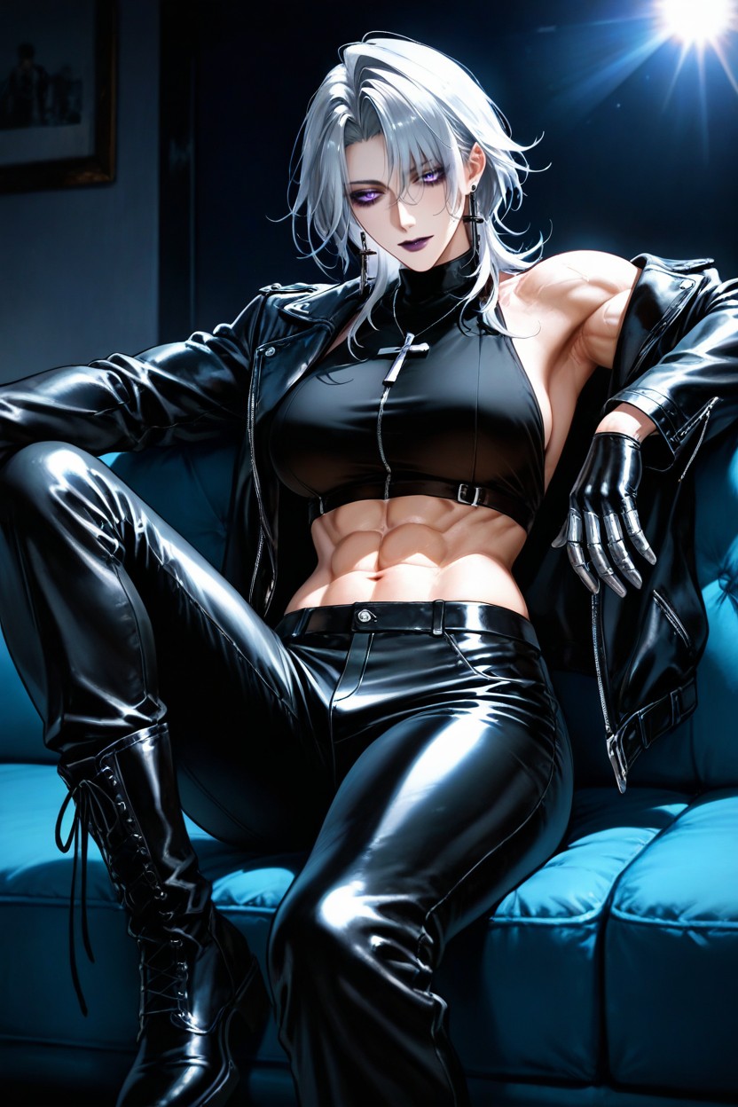Backlit, Black Leather Biker Jacket Off The Shoulder, Oppressive Hentai AI Porn