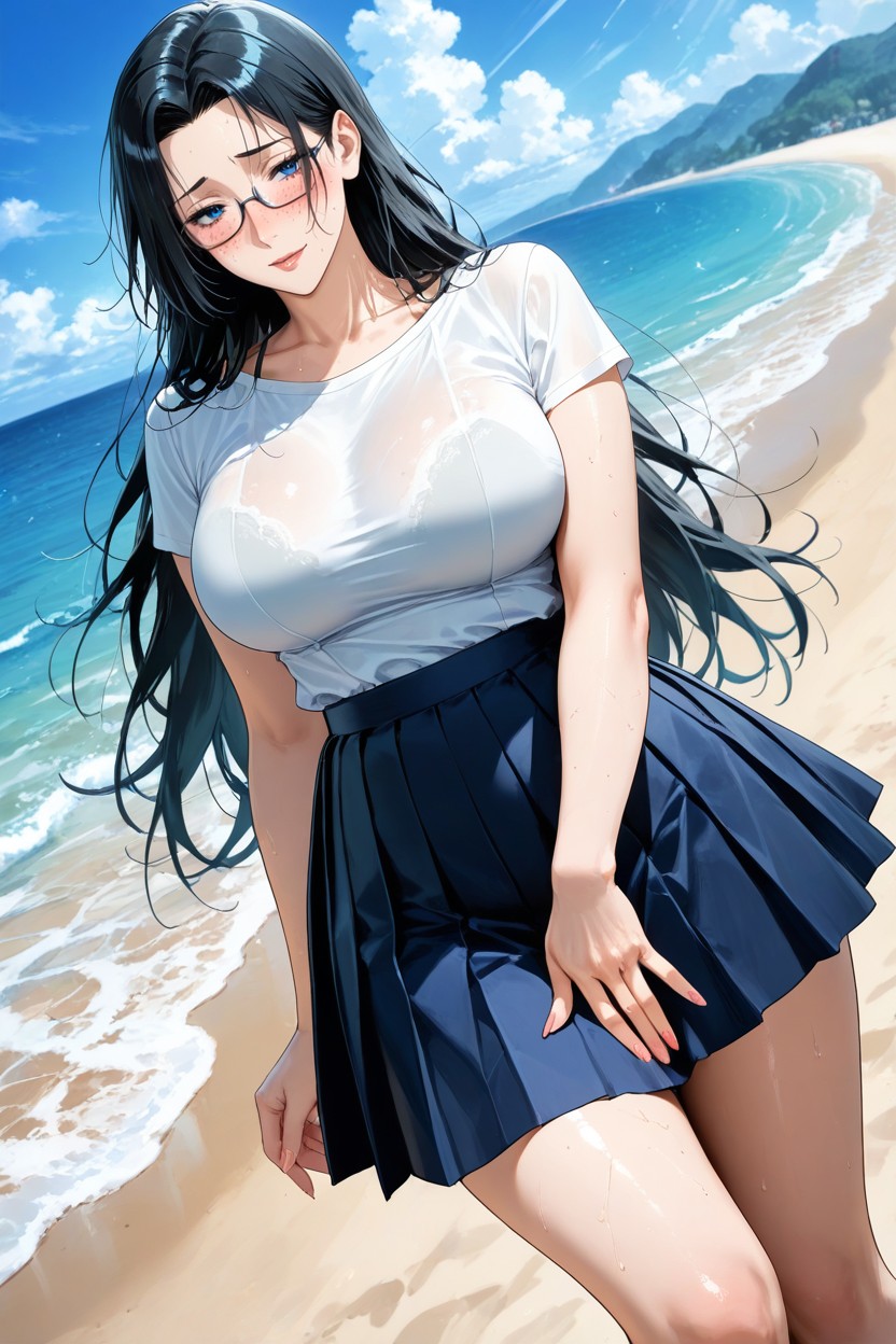 Skinny, Pleated Skirt, Very Black Hair Hentai AI Porn