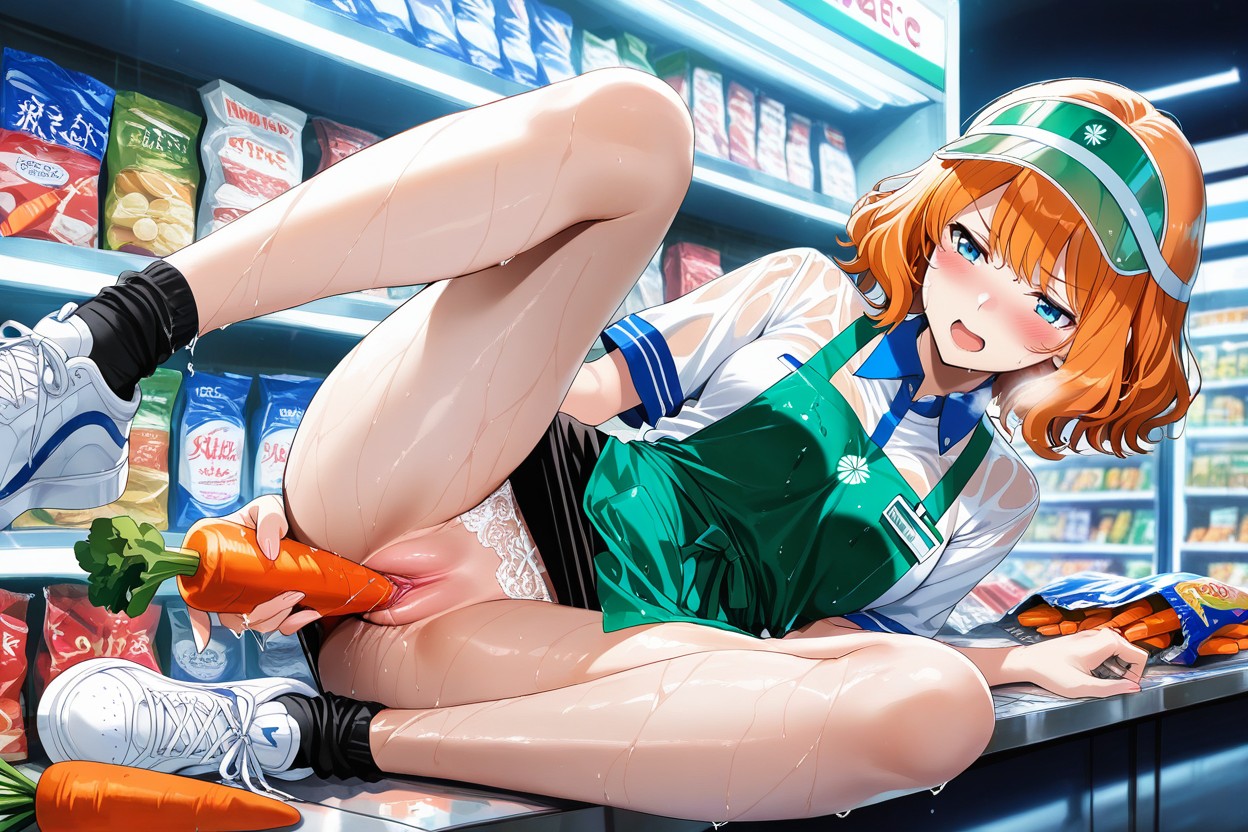 White Sneakers, Racks Of Merchandise, Frilly White Lace Panties Taken Off On Ankle Hentai AI Porn