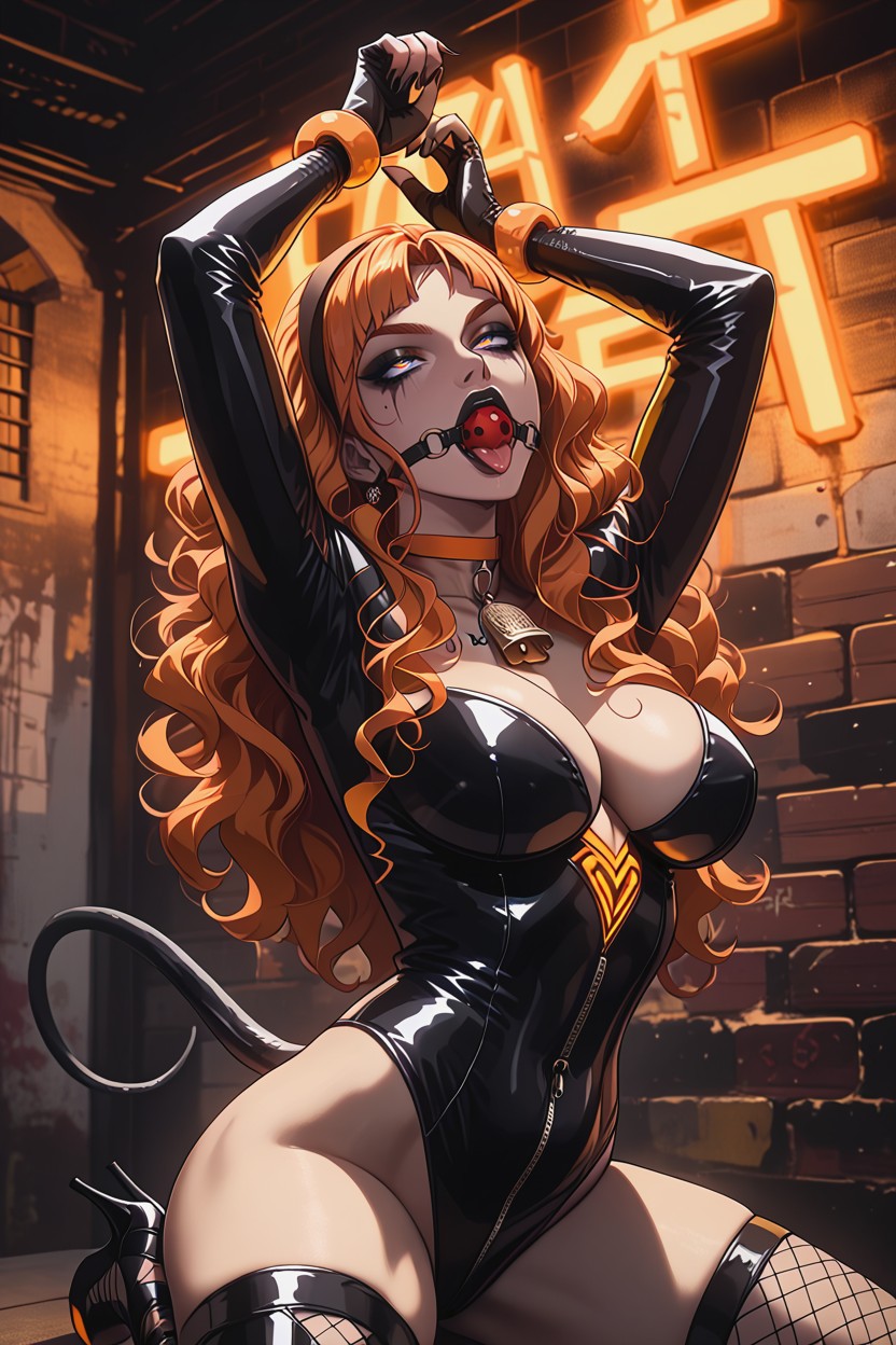 Ahegao, Long Curly Orange Hair, Black Lips Hentai AI Porn