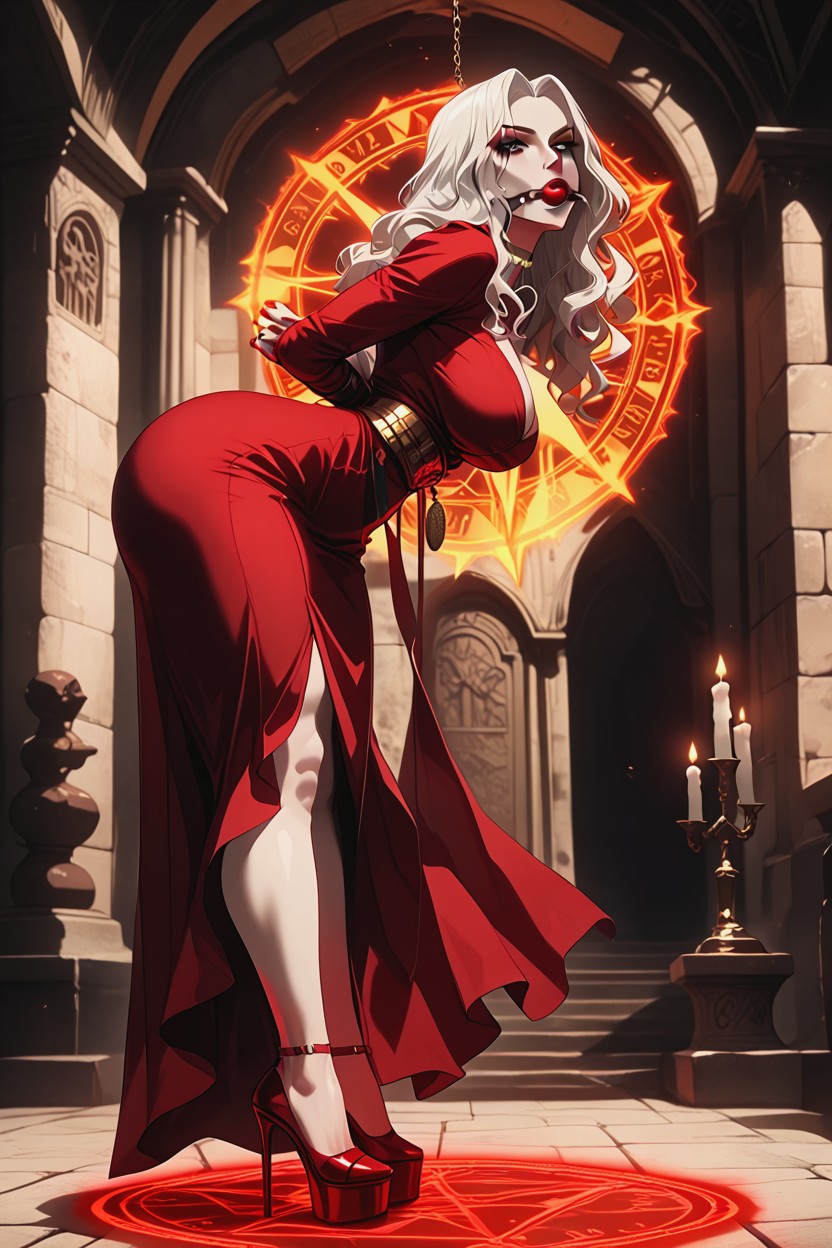 Deep Red Eyes, Long Straight White Hair, Tattoos Hentai AI Porn
