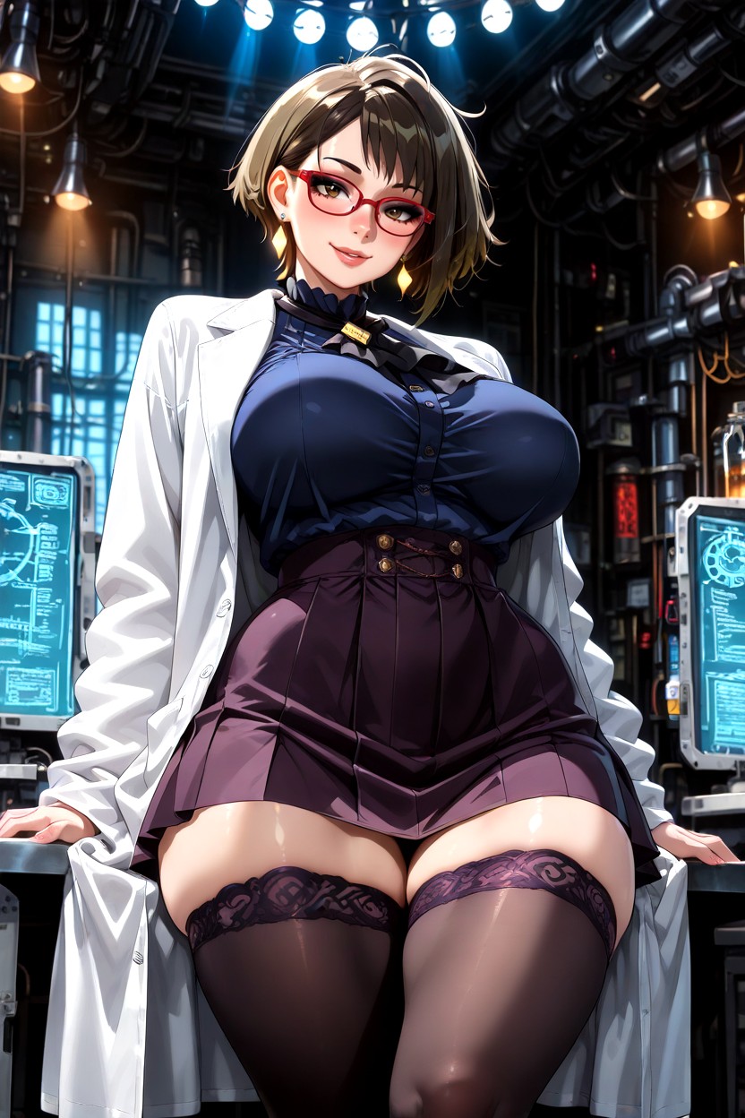 Heavy Black Eyeliner, Brown Eyes, White Lab Coat Hentai AI Porn