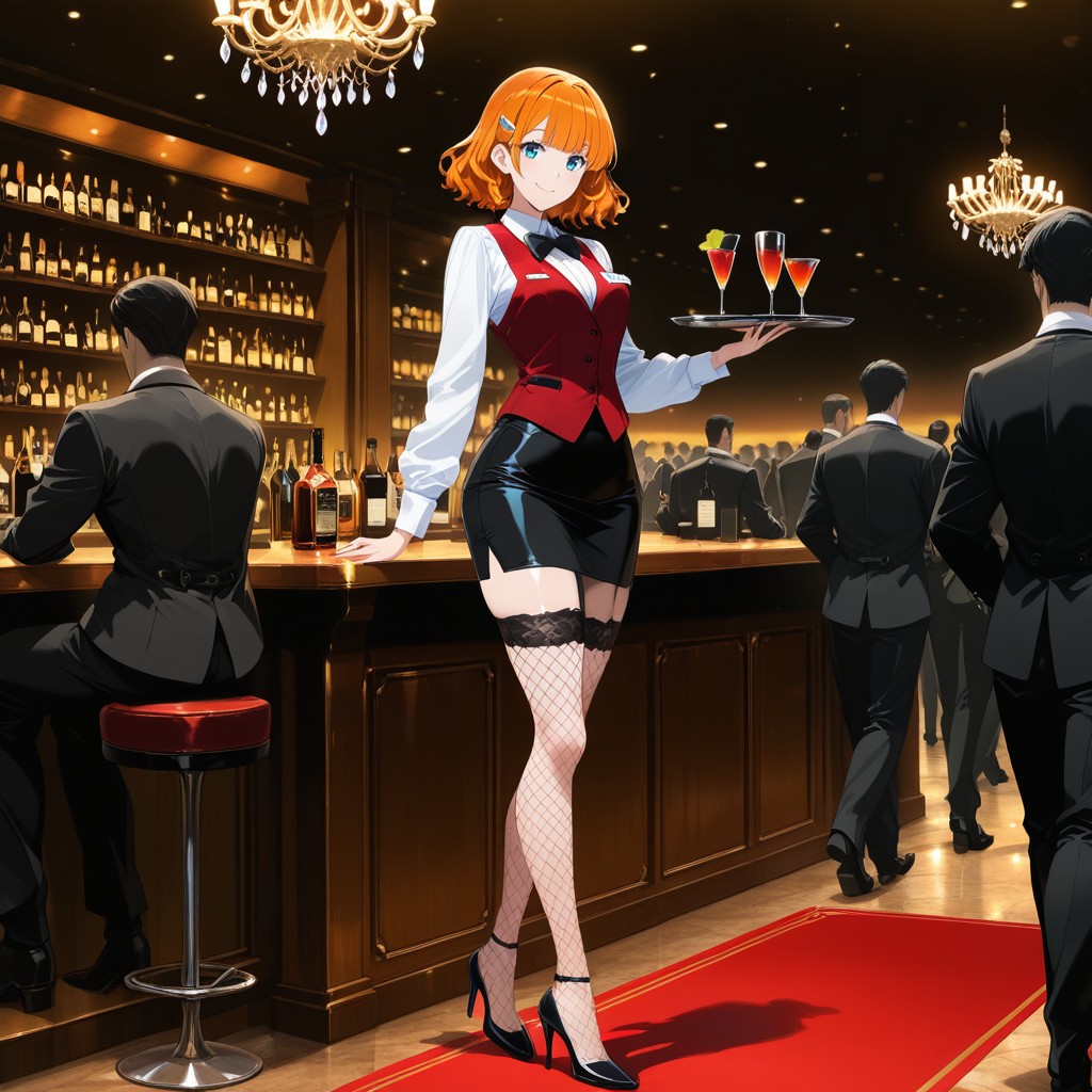 Romantic Elegant Atmosphere, Walking Swaying Hips Like Fashion Model, Red Bartender Vest Hentai AI Porn