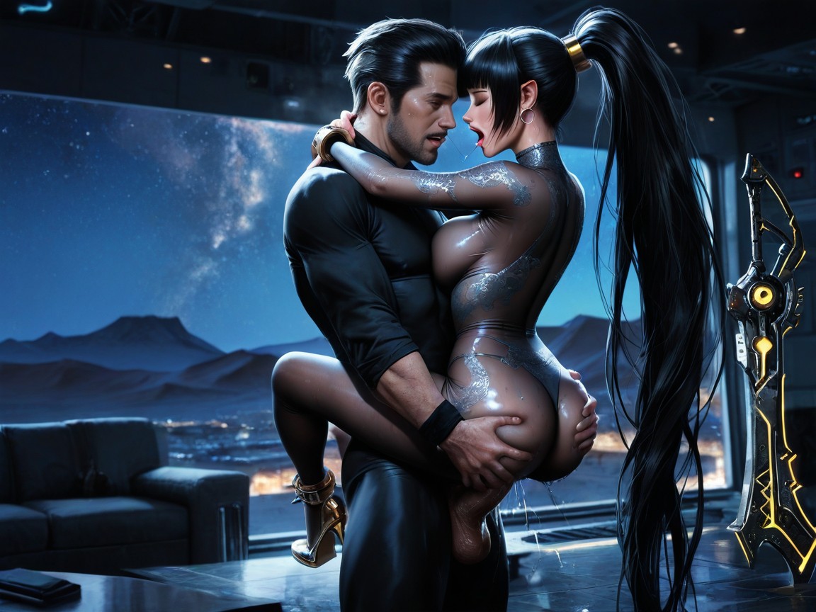 Noir, Long Mechanical Hair Attachment, Very Metal Grey Wrist Handcuff & Ankle Bands Hentai AI Porn