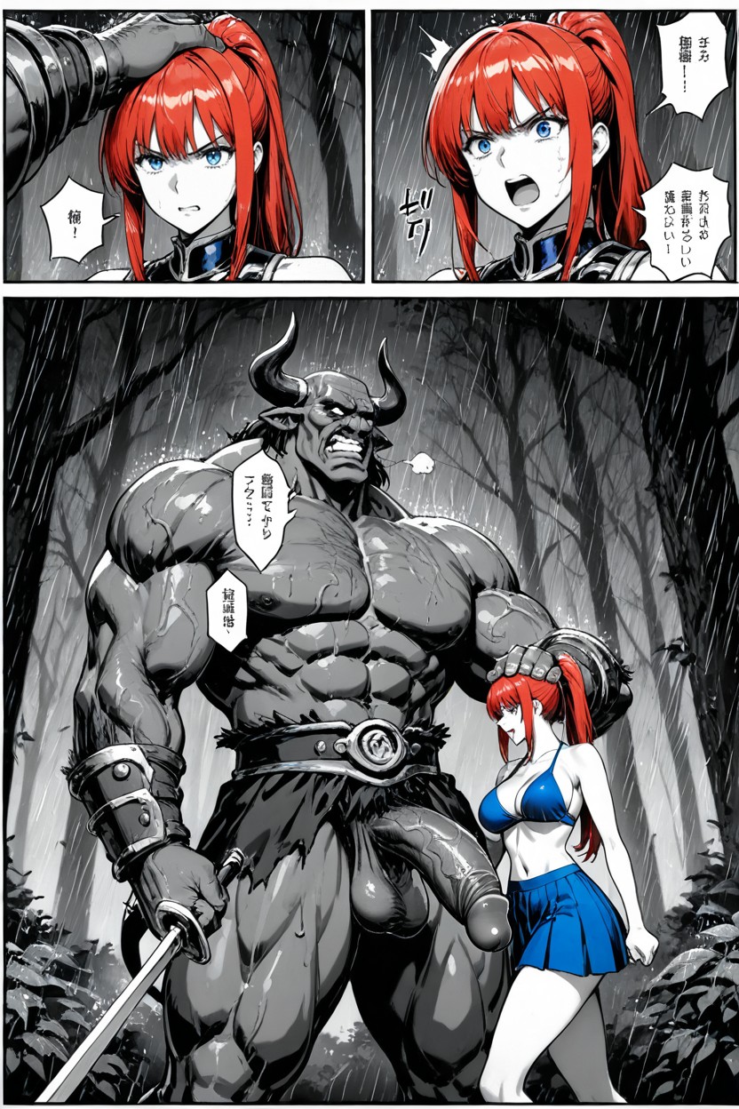 Speech Bubbles, Wears Blue Bikini Armor With Golden Tones, Multiple Panels Hentai AI Porn