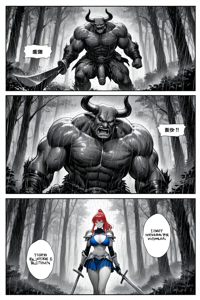 Blue Skirt, Athletic Thighs, Engaging In Fight Aganist Minotaur Hentai AI Porn