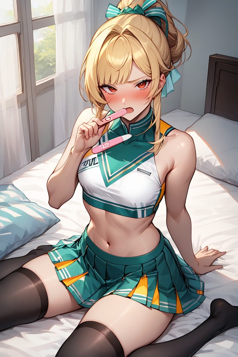 Bangs, Blonde Hair, Black Thigh-high Stockings Hentai AI Porn