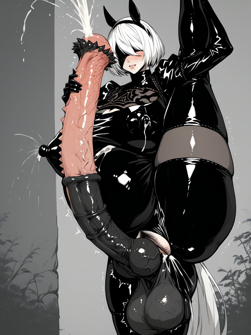 Oversized Hyper Gigantic Testicles Hang The Floor, One Leg Up, Sharp Facial Features Hentai AI Porn