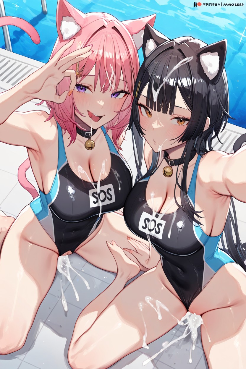 Woman On Left, Black Hair, Cum Overflow From Pussy Hentai IA