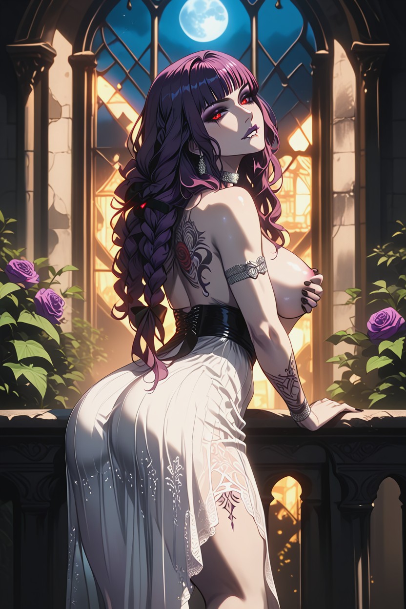 Rear View, Long Braided Hair, White Lace Overskirt With Black Embroidery Hentai AI Porn