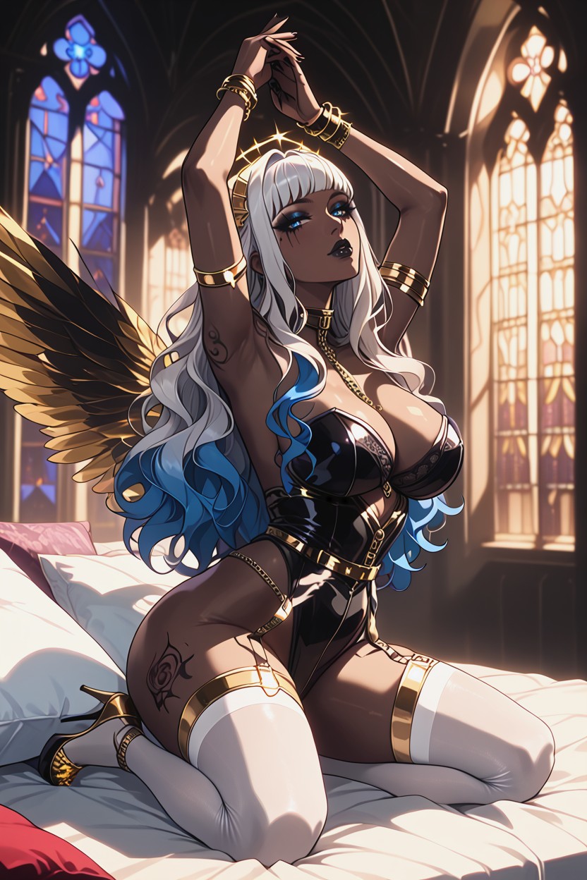 Tattoos, White Silk Dresssheer, Ángel Wings Hentai AI Porn