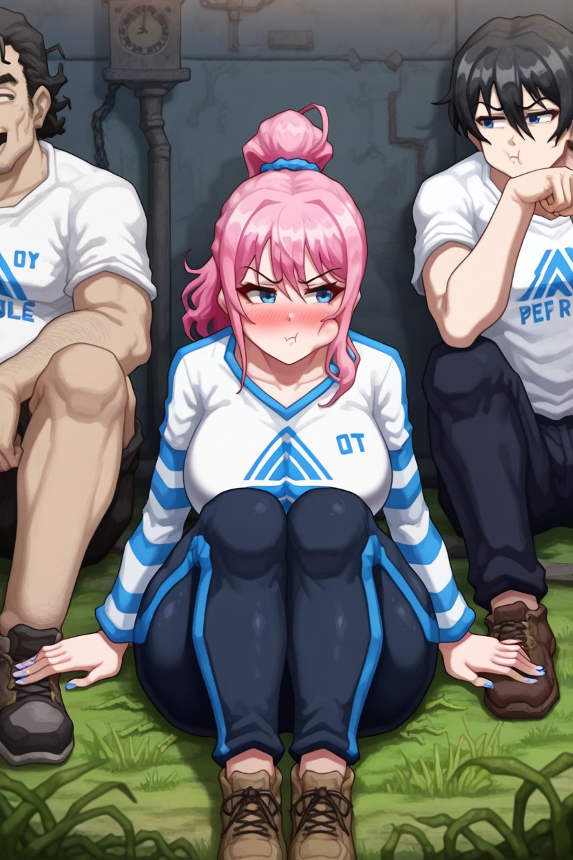 Sitting On The Grass, Wears A White Shirt, In The Corner Hentai AI Porn